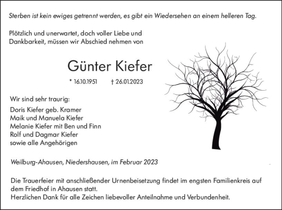 Traueranzeige von Günter Kiefer von Weilburger Tageblatt