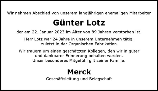 Traueranzeige von Günter Lotz von Darmstädter Echo