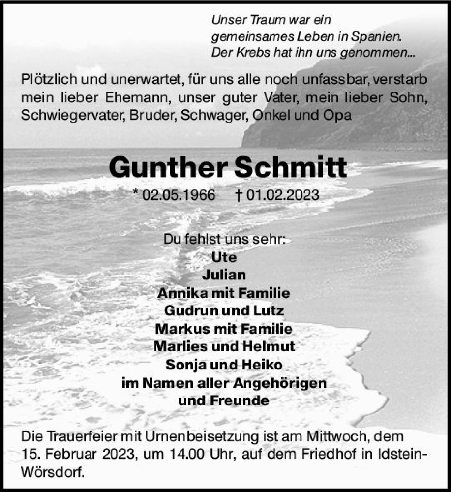  Traueranzeige für Gunther Schmitt vom 14.02.2023 aus Wiesbadener Kurier gesamt