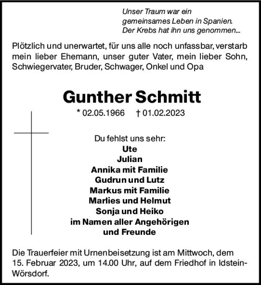  Traueranzeige für Gunther Schmitt vom 11.02.2023 aus Wiesbadener Kurier gesamt