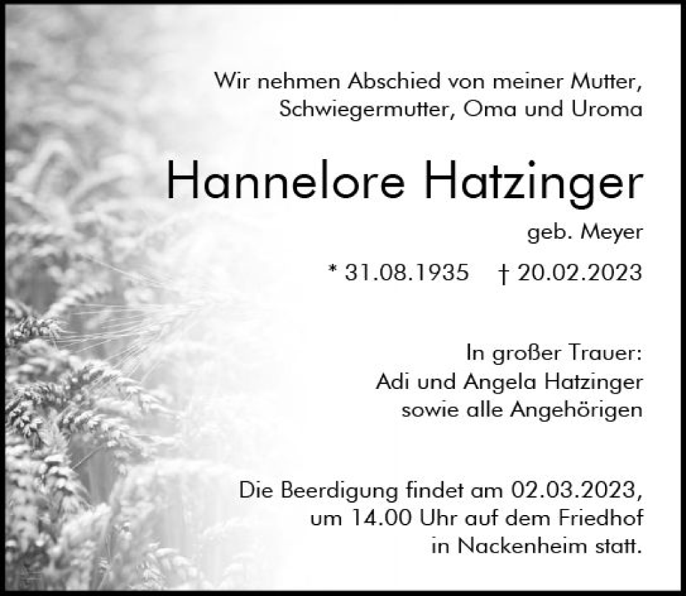  Traueranzeige für Hannelore Hatzinger vom 25.02.2023 aus Allgemeine Zeitung Mainz