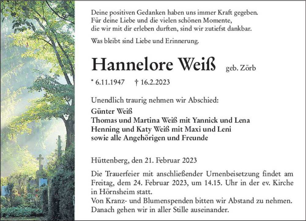  Traueranzeige für Hannelore Weiß vom 21.02.2023 aus Wetzlarer Neue Zeitung