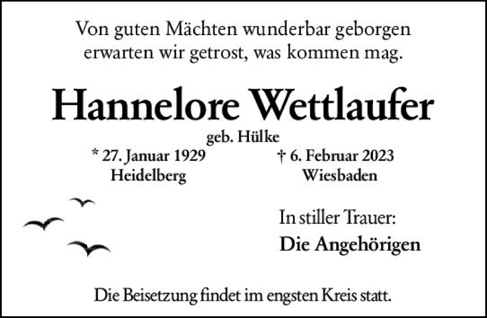  Traueranzeige für Hannelore Wettlaufer vom 18.02.2023 aus Wiesbadener Kurier