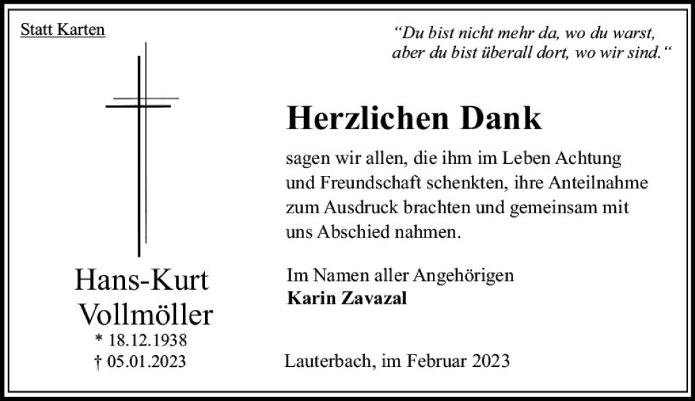  Traueranzeige für Hans-Kurt Vollmöller vom 11.02.2023 aus VRM Trauer