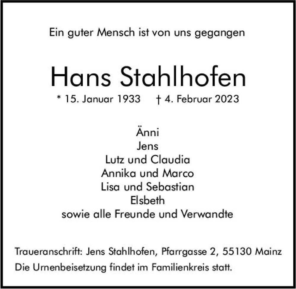  Traueranzeige für Hans Stahlhofen vom 11.02.2023 aus Allgemeine Zeitung Mainz