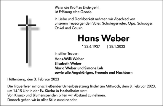 Traueranzeige von Hans Weber von Wetzlarer Neue Zeitung