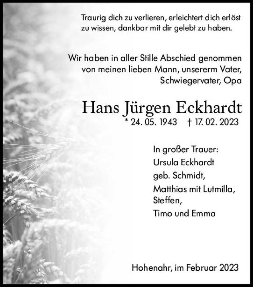  Traueranzeige für Hans Jürgen Eckhardt vom 25.02.2023 aus Wetzlarer Neue Zeitung
