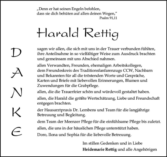 Traueranzeige von Harald Rettig von Allgemeine Zeitung Mainz