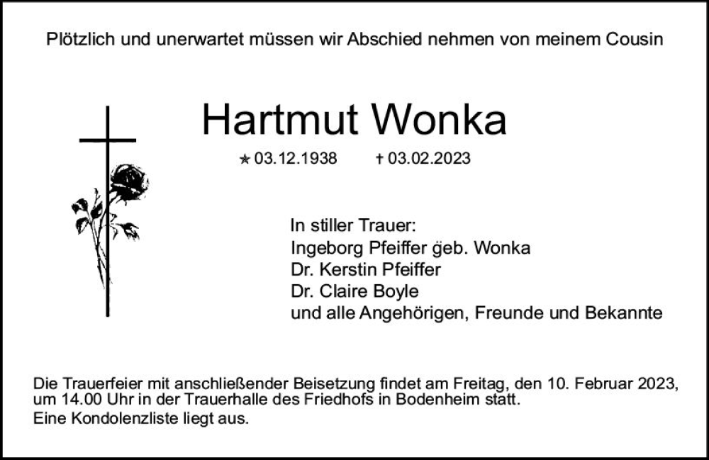  Traueranzeige für Hartmut Wonka vom 08.02.2023 aus Allgemeine Zeitung Mainz