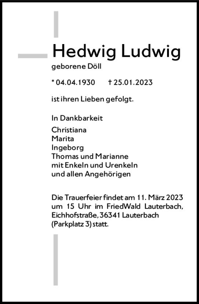  Traueranzeige für Hedwig Ludwig vom 25.02.2023 aus VRM Trauer