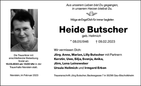 Traueranzeige von Heide Butscher von Allgemeine Zeitung Mainz