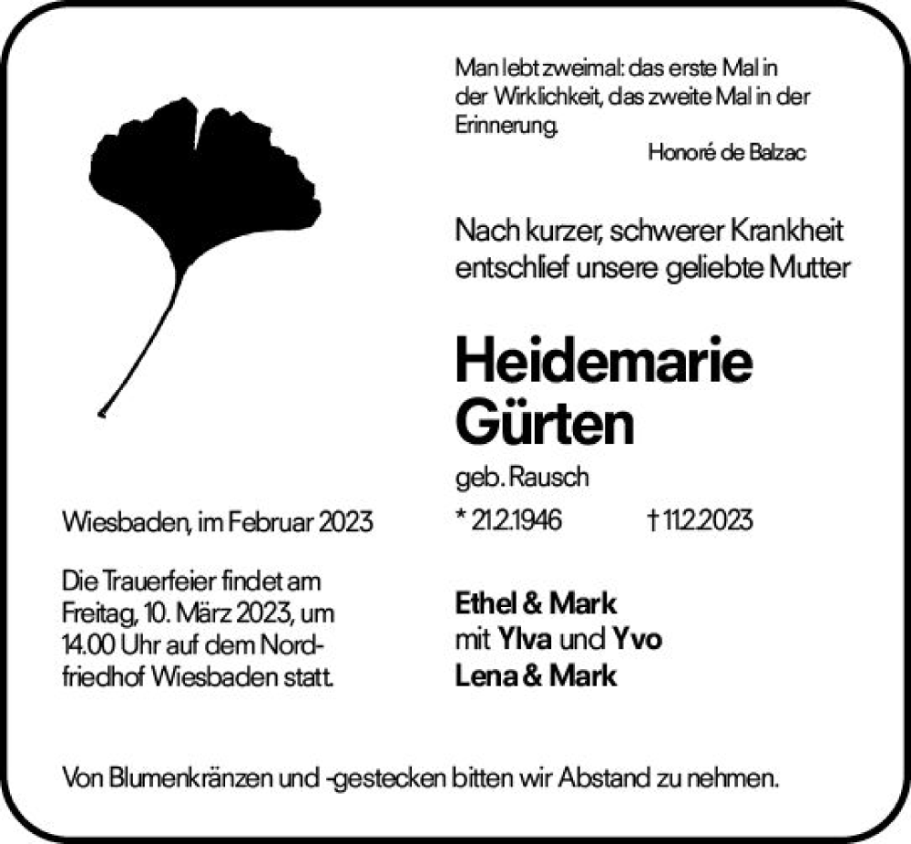  Traueranzeige für Heidemarie Gürten vom 18.02.2023 aus Wiesbadener Kurier