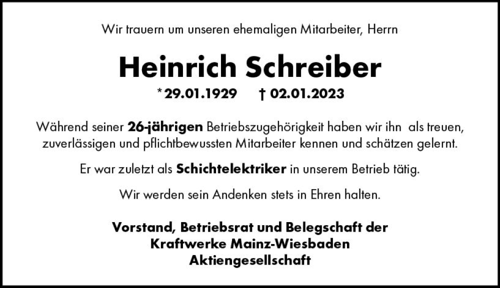  Traueranzeige für Heinrich Schreiber vom 04.02.2023 aus Allgemeine Zeitung Mainz