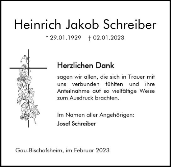Traueranzeige von Heinrich Jakob Schreiber von Allgemeine Zeitung Mainz
