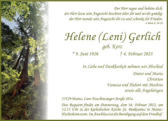 Traueranzeige von Helene Gerlich von Allgemeine Zeitung Mainz