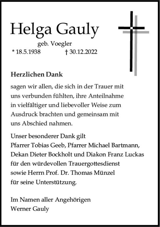 Traueranzeige von Helga Gauly von Allgemeine Zeitung Mainz