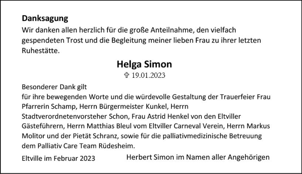  Traueranzeige für Helga Simon vom 02.02.2023 aus Wiesbadener Kurier gesamt