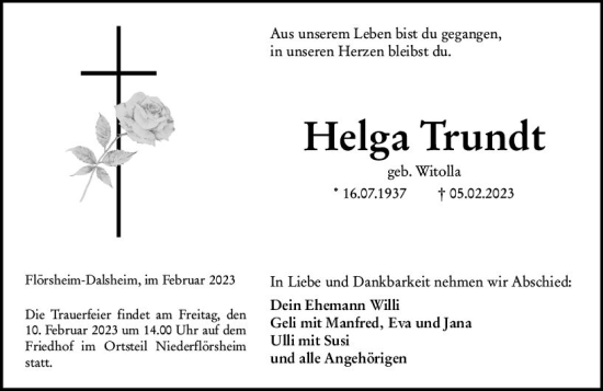 Traueranzeige von Helga Trundt von Wormser Zeitung
