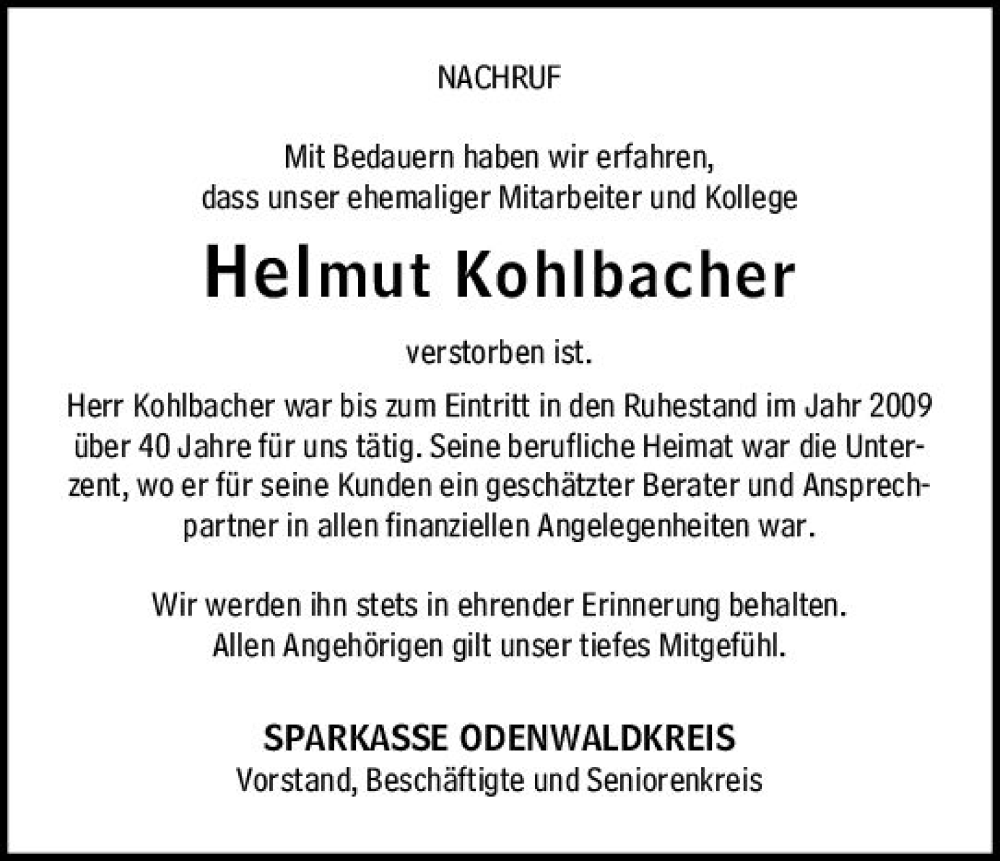  Traueranzeige für Helmut Kohlbacher vom 25.02.2023 aus Odenwälder Echo