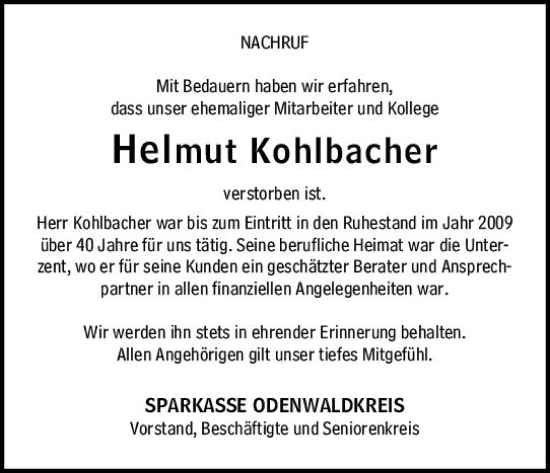 Traueranzeige von Helmut Kohlbacher von Odenwälder Echo
