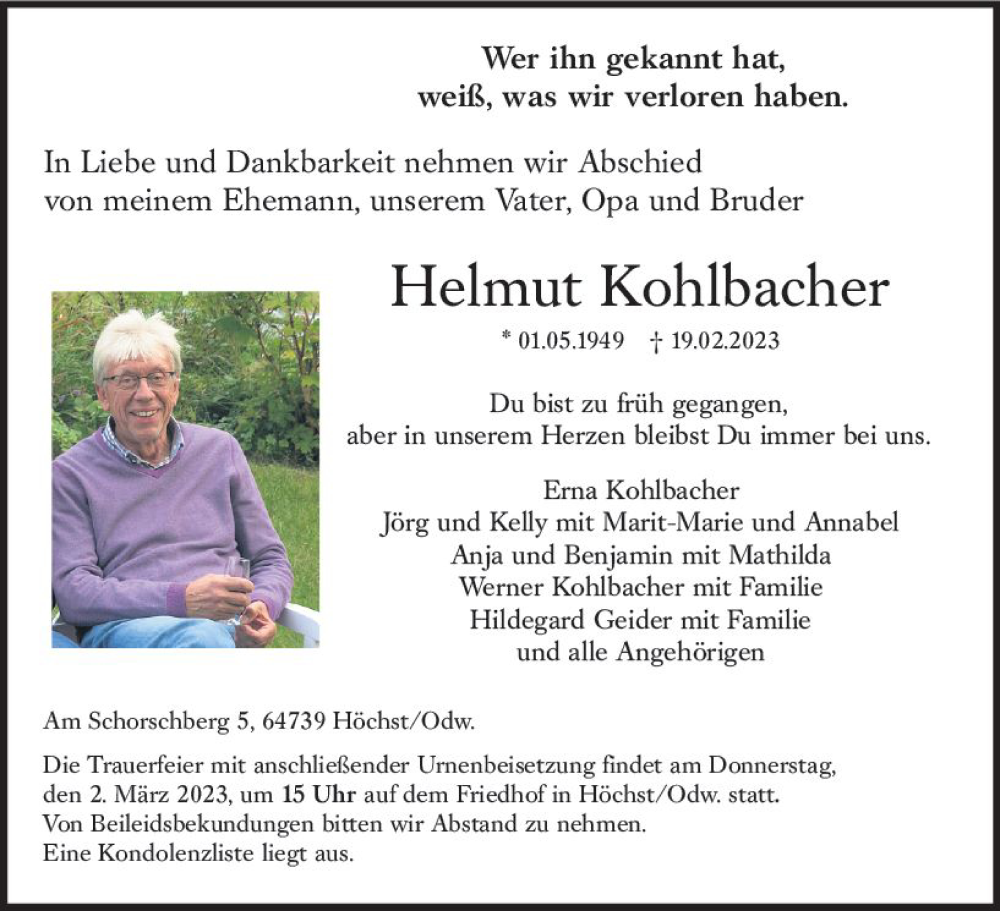  Traueranzeige für Helmut Kohlbacher vom 25.02.2023 aus Odenwälder Echo