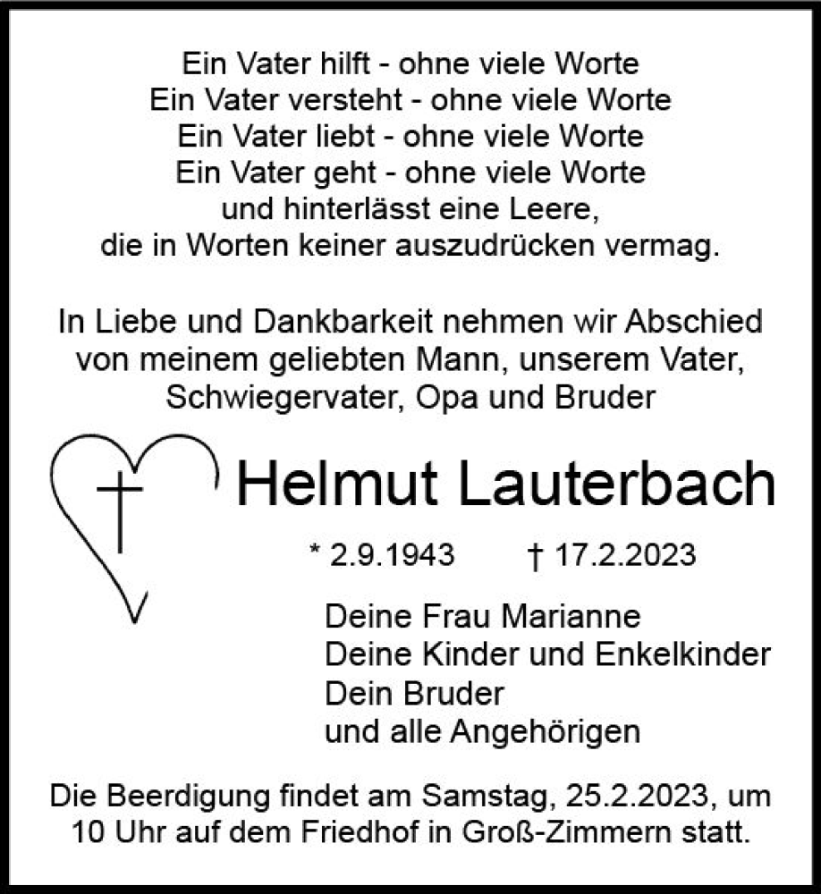  Traueranzeige für Helmut Lauterbach vom 23.02.2023 aus Dieburger Anzeiger/Groß-Zimmerner Lokal-Anzeiger