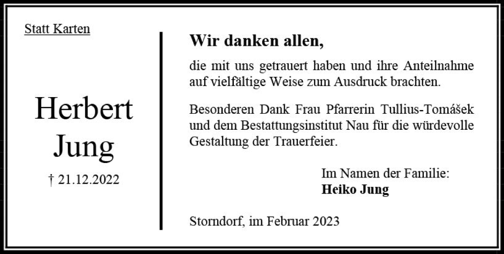  Traueranzeige für Herbert Jung vom 04.02.2023 aus OK Oberhessen Kurier