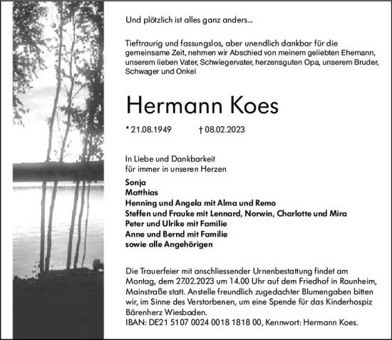 Traueranzeige von Hermann Koes von Rüsselsheimer Echo