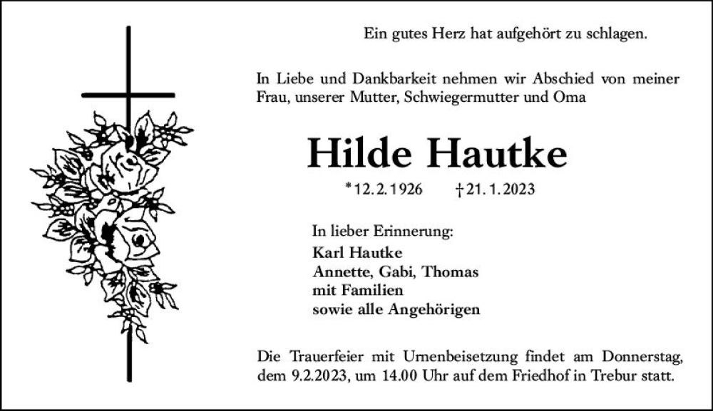  Traueranzeige für Hilde Hautke vom 04.02.2023 aus Rüsselsheimer Echo