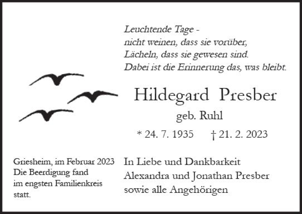  Traueranzeige für Hildegard Presber vom 28.02.2023 aus Darmstädter Echo