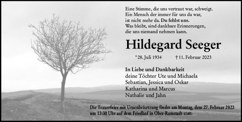  Traueranzeige für Hildegard Seeger vom 18.02.2023 aus Darmstädter Echo