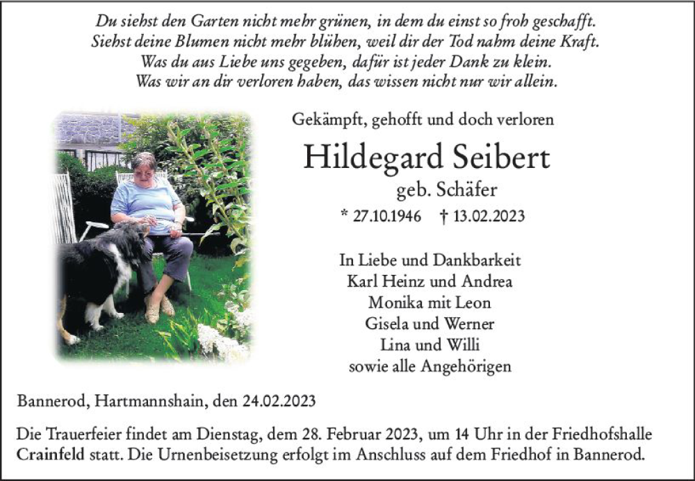  Traueranzeige für Hildegard Seibert vom 24.02.2023 aus VRM Trauer
