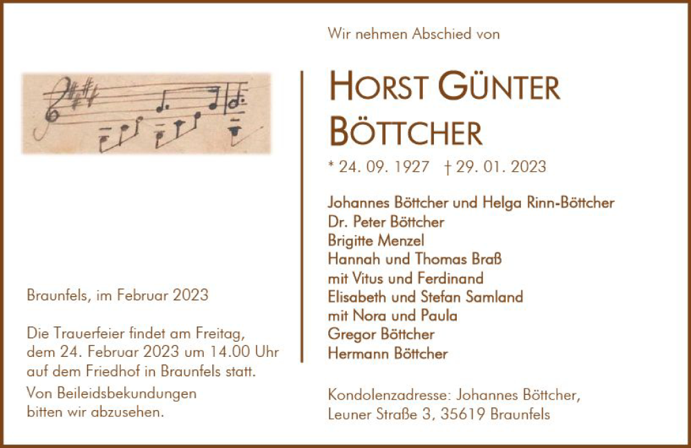  Traueranzeige für Horst Günter Böttcher vom 21.02.2023 aus Wetzlarer Neue Zeitung