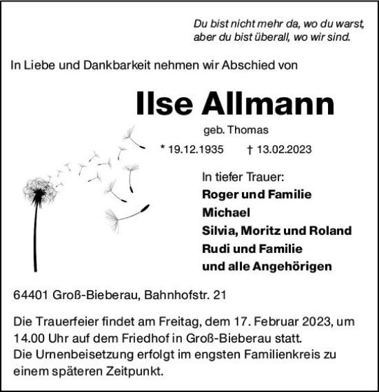Traueranzeige von Ilse Allmann von Darmstädter Echo