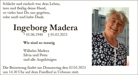 Traueranzeige von Ingeborg Madera von Darmstädter Echo