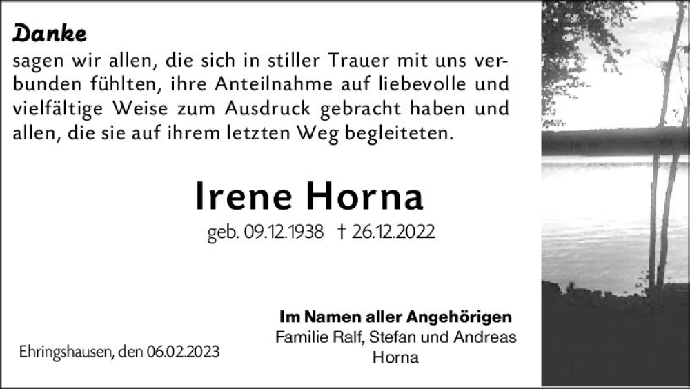  Traueranzeige für Irene Horna vom 06.02.2023 aus Wetzlarer Neue Zeitung