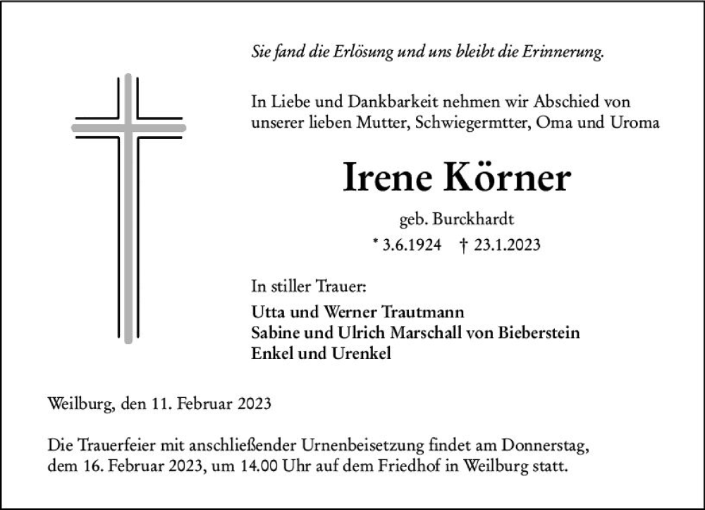  Traueranzeige für Irene Körner vom 11.02.2023 aus Weilburger Tageblatt