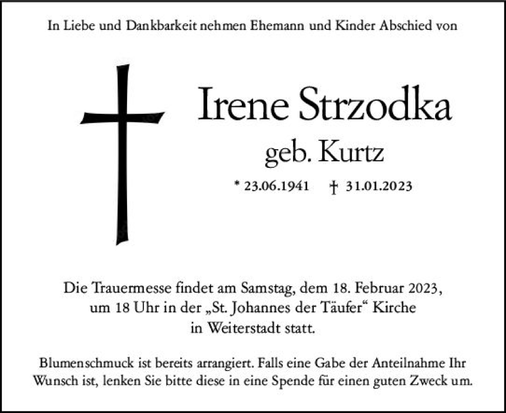  Traueranzeige für Irene Strzodka vom 16.02.2023 aus Darmstädter Echo