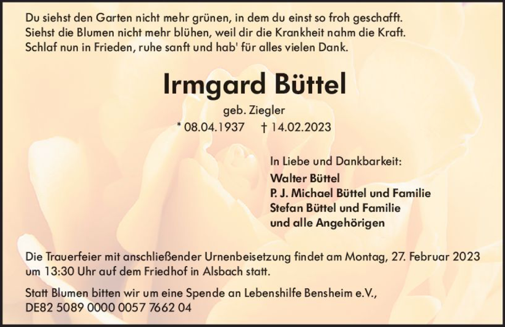  Traueranzeige für Irmgard Büttel vom 25.02.2023 aus Darmstädter Echo