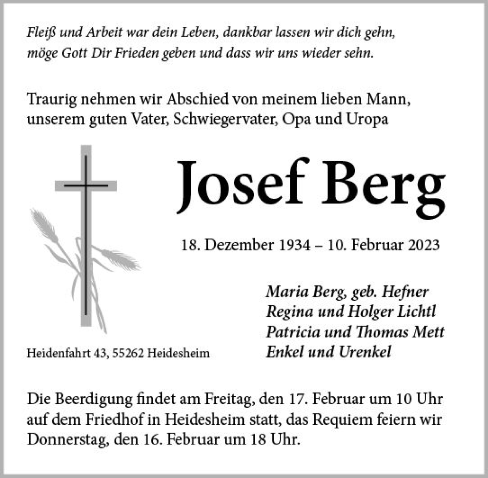  Traueranzeige für Josef Berg vom 14.02.2023 aus Allgemeine Zeitung Ingelheim-Bingen