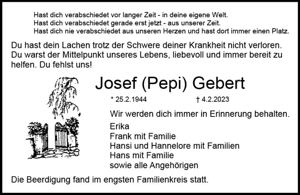  Traueranzeige für Josef Gebert vom 11.02.2023 aus DieburgerAnzeiger/Groß-Zimmerner Lokalanzeiger
