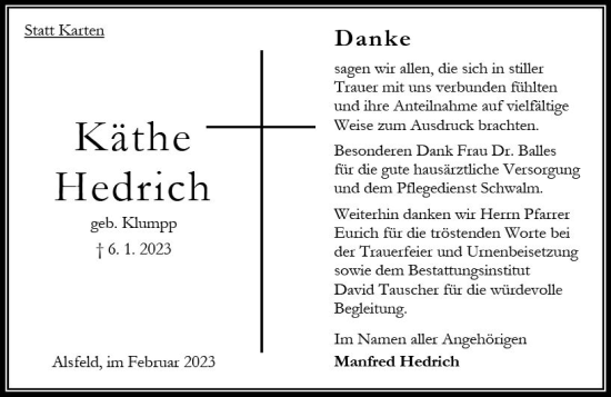 Traueranzeige von Käthe Hedrich von Oberhessen Kurier