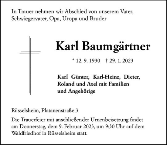 Traueranzeige von Karl Baumgärtner von Rüsselsheimer Echo