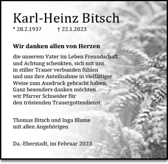 Traueranzeige von Karl-Heinz Bitsch von Darmstädter Echo