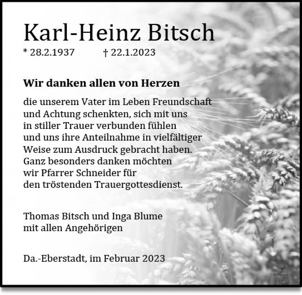  Traueranzeige für Karl-Heinz Bitsch vom 11.02.2023 aus Darmstädter Echo