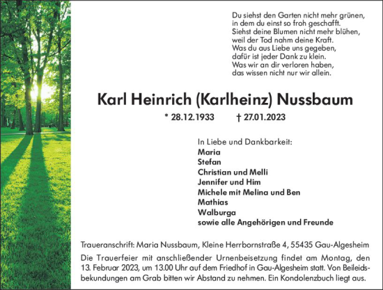 Traueranzeige von Karl Heinrich Nussbaum von Allgemeine Zeitung Ingelheim-Bingen