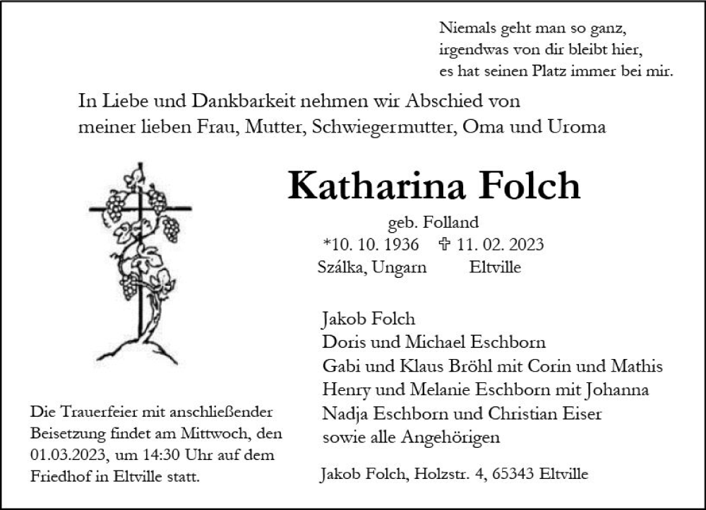  Traueranzeige für Katharina Folch vom 16.02.2023 aus Wiesbadener Kurier