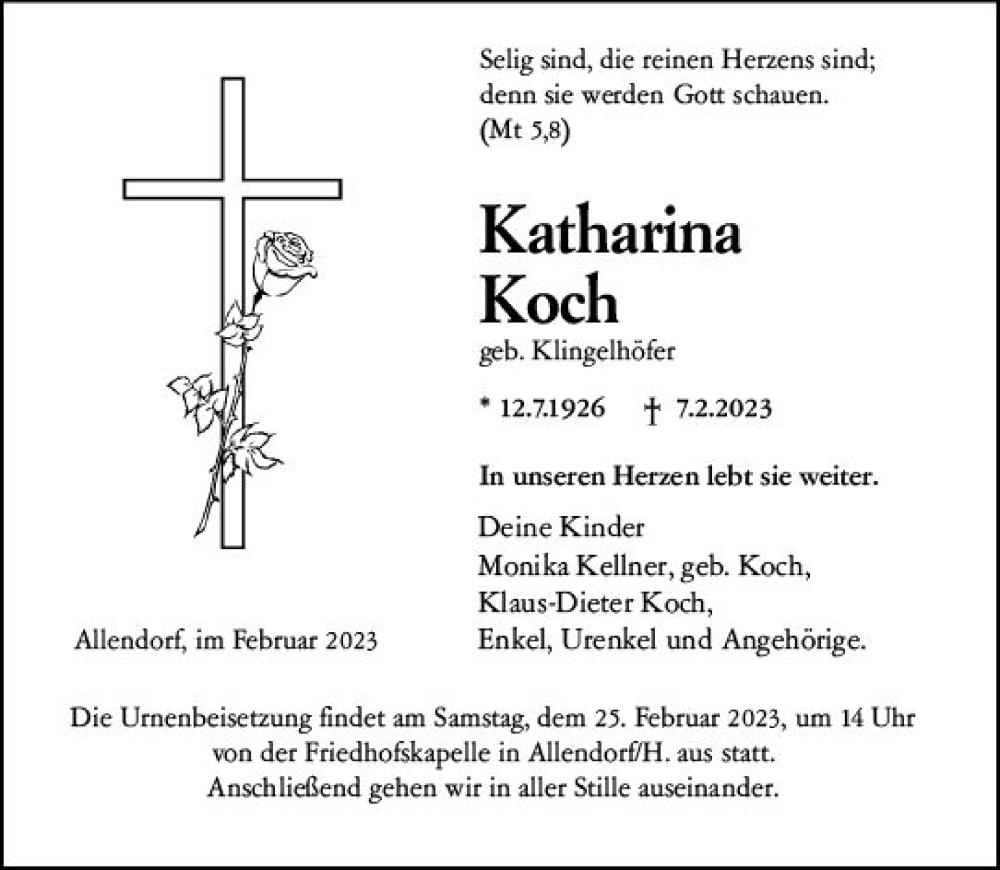 Traueranzeige für Katharina Koch vom 17.02.2023 aus Hinterländer Anzeiger