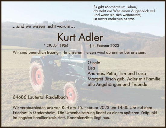 Traueranzeige von Kurt Adler von Odenwälder Echo