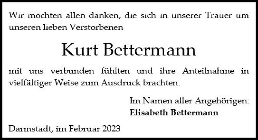  Traueranzeige für Kurt Bettermann vom 04.02.2023 aus Darmstädter Echo